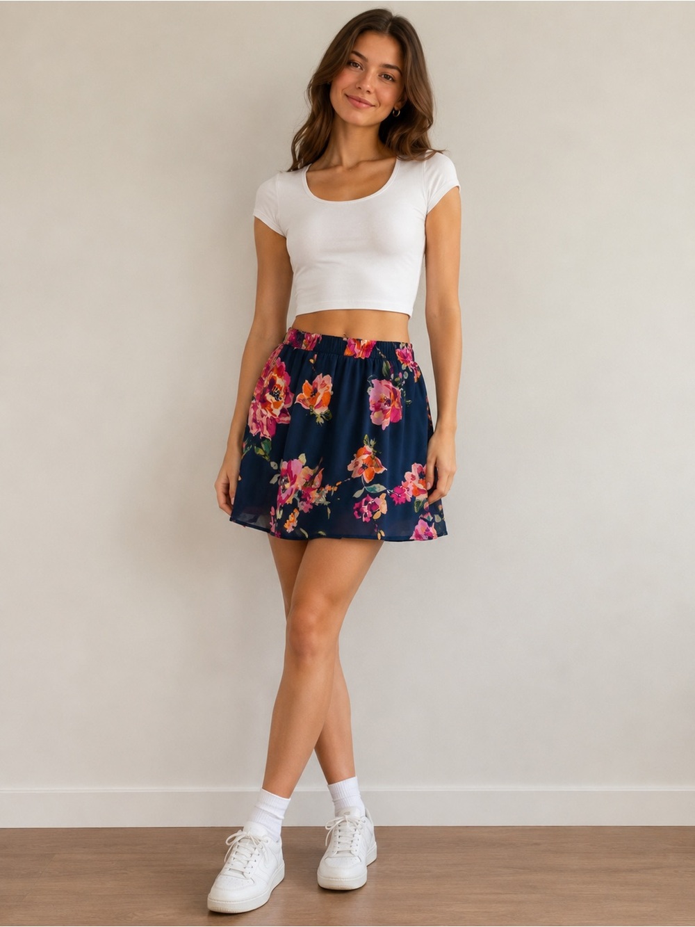buttons Navy Mini Skirt with Pink Floral Print made in USA size is